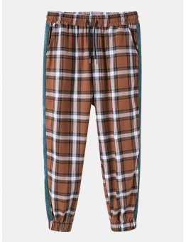 Mens Plaid Side Patchwork Drawstring Elastic Waist Casual Cotton Jogger Pants