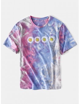 Mens Small Flower Print Tie Dye Round Neck Short Sleeve T  Shirt